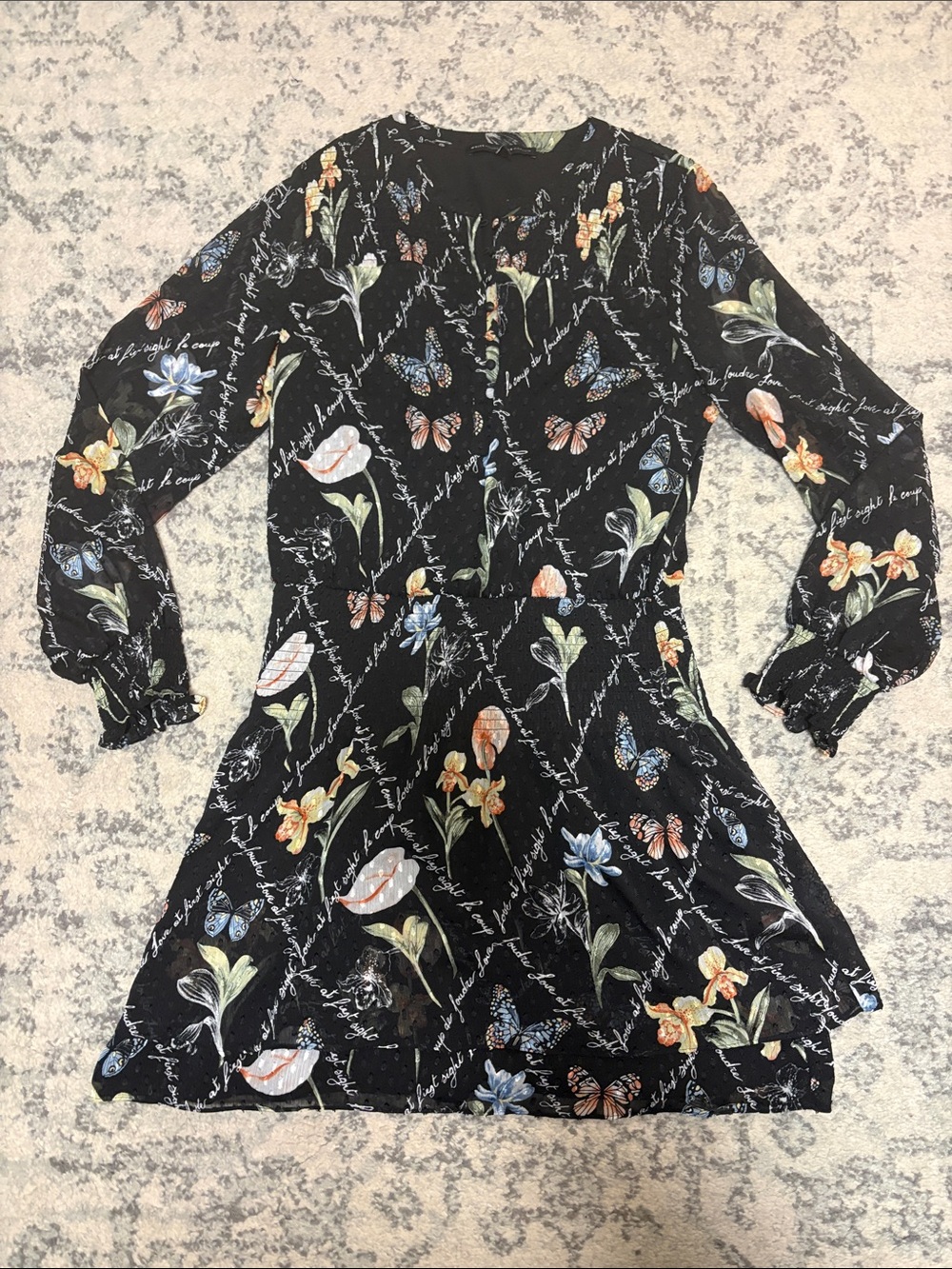 White House Black Market blouson dress with whimsical butterfly and floral print